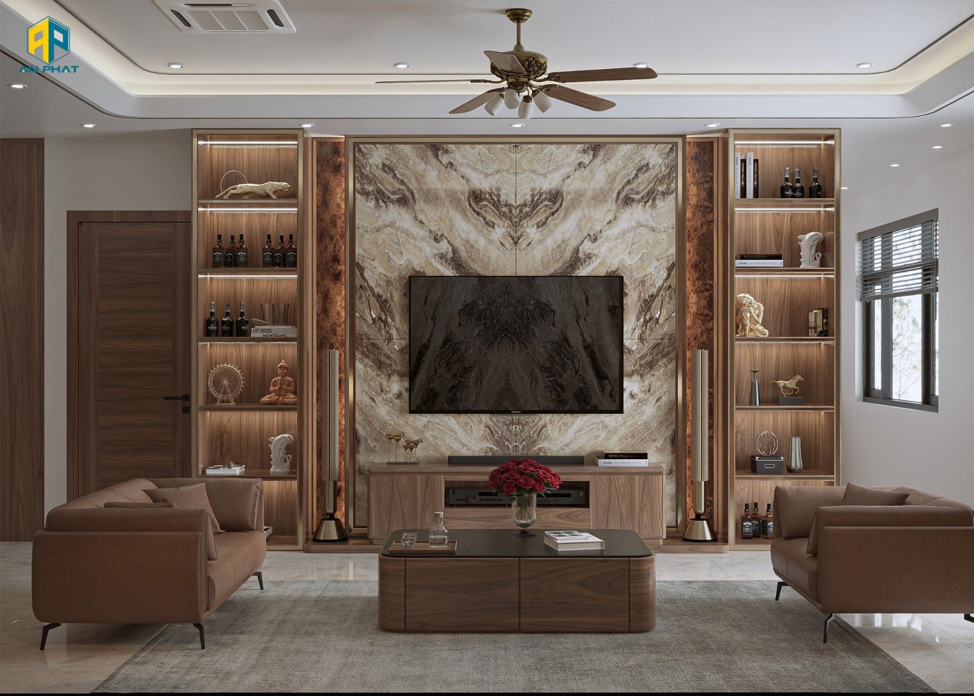 Modern luxury living room in walnut and marble