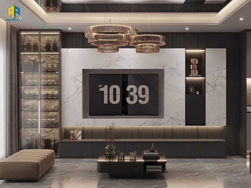 A modern living room in black, grey and cloud marble
